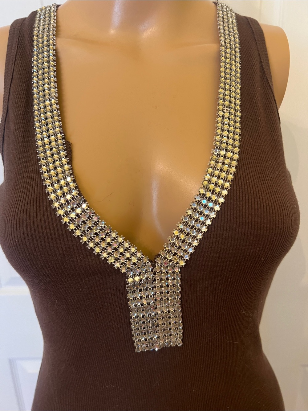 Passport Rhinestone Deep V-Neck Statement Tank Lg